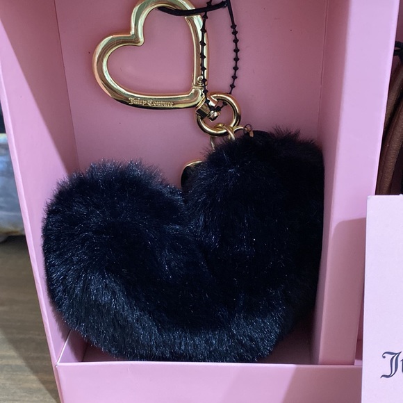 Juicy Couture Brown Pink Floral Heart Wristlet with Black Pom Pom Keychain - Picture 2 of 9